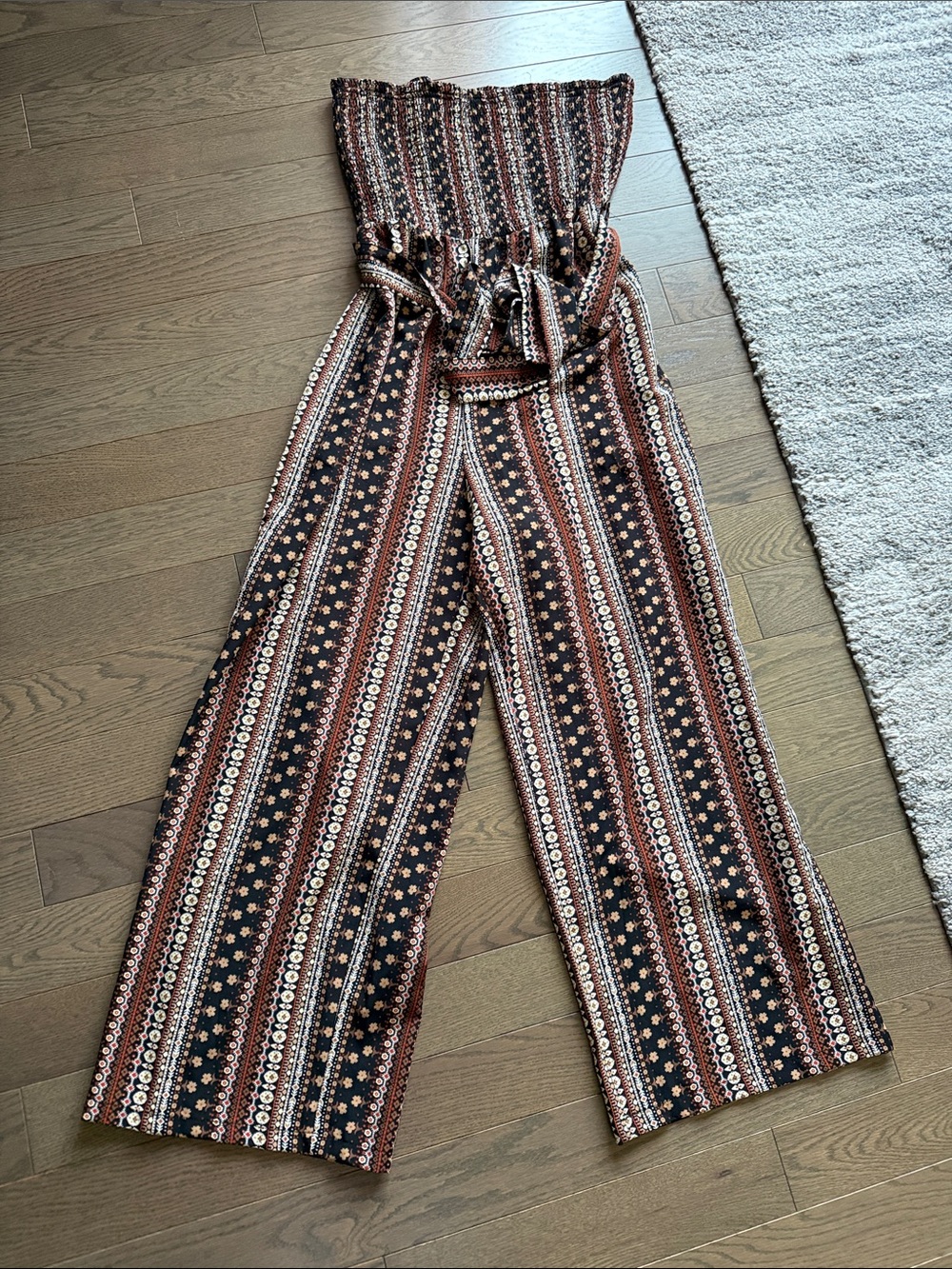 Strapless Floral Wide-Leg Jumpsuit in Brown